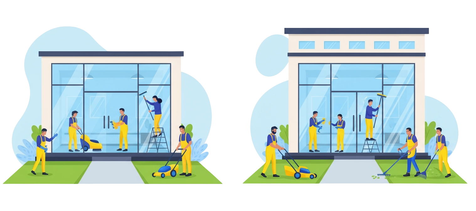 Ekipy realizują sprzątanie wnętrz i pielęgnację zieleni przy nowoczesnym budynku: mycie posadzki i szyb, dezynfekcja oraz koszenie i grabienie.