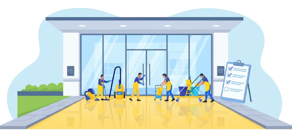 Ekipy „Błysk” pracują przy obiekcie: czysta posadzka, lśniące przeszklenia i uporządkowana zieleń – efekt sprawdzonych procedur.