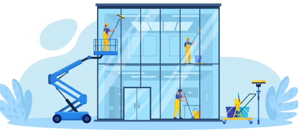 Technik myje elewację i wysokie okna na podnośniku, drugi czyści witryny od środka; efekt bez smug, bezpieczna praca na wysokości.