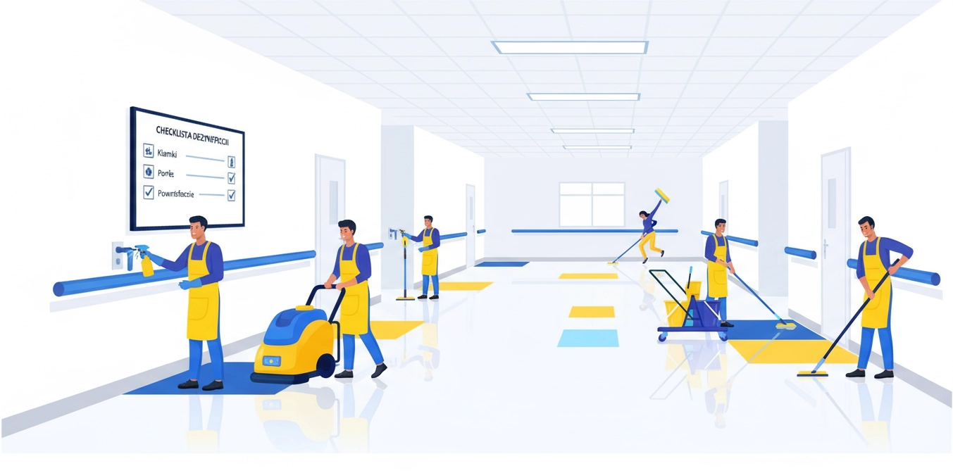 Personel sprzątający dezynfekuje klamki i poręcze oraz myje podłogę w korytarzu szkolno‑medycznym; widoczne strefy i checklisty.