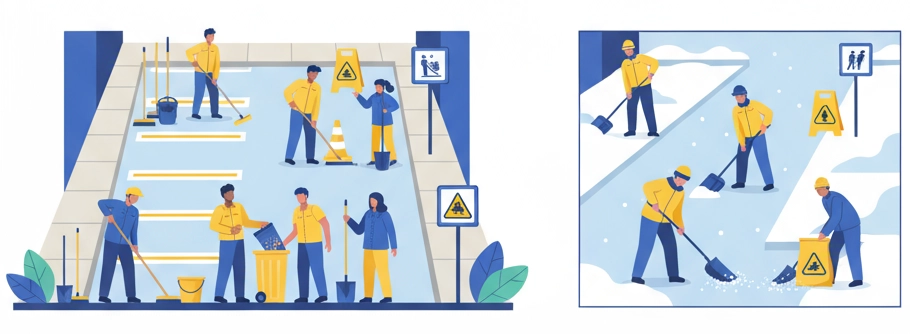 Zespół porządkowy zamiata parking i ciąg pieszy latem; zimą te same alejki są odśnieżane i posypywane antypoślizgowo.