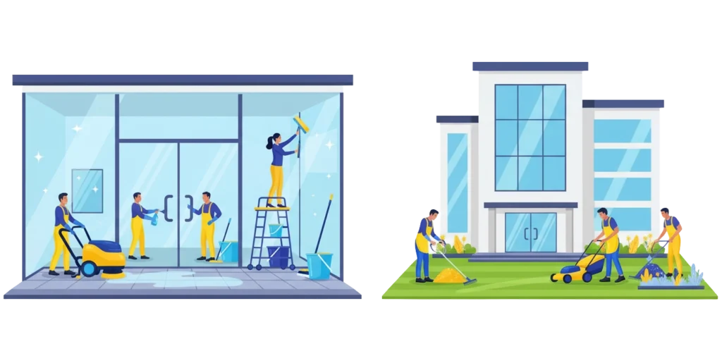 Zespół Zakładu „Błysk” przy nowoczesnym budynku: prace porządkowe wewnątrz i pielęgnacja otoczenia, połączenie tradycji i nowoczesnych technologii.